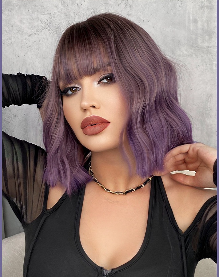 Purple Water Ripple Wig Pear Flower Short Curly Air Bangs Women Wig